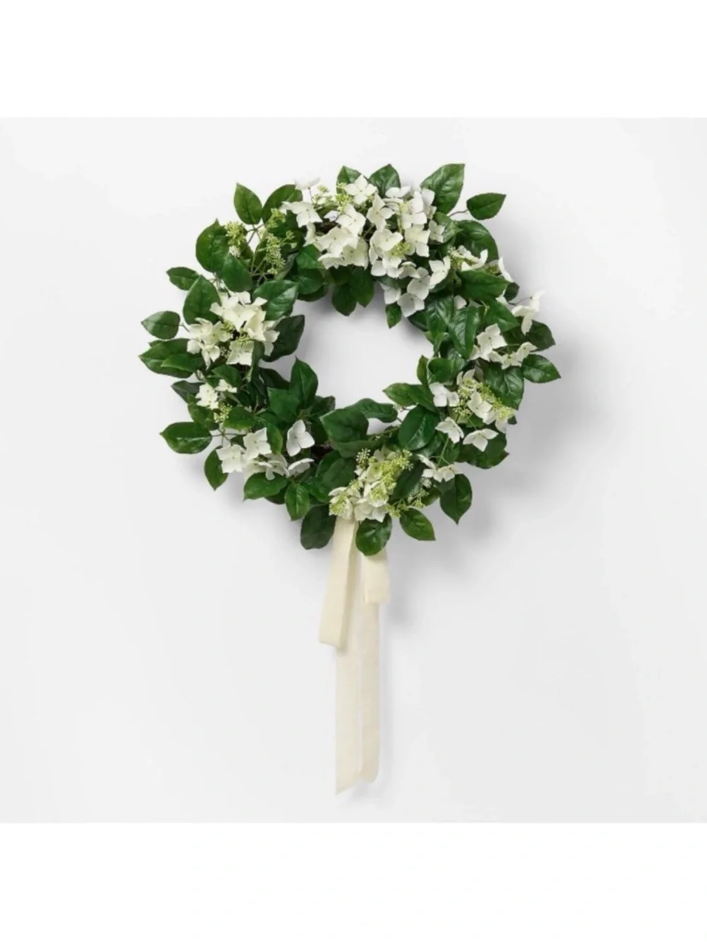 Hydrangea 24” Wreath with Cream Ribbon Bow Threshold designed with Studio McGee